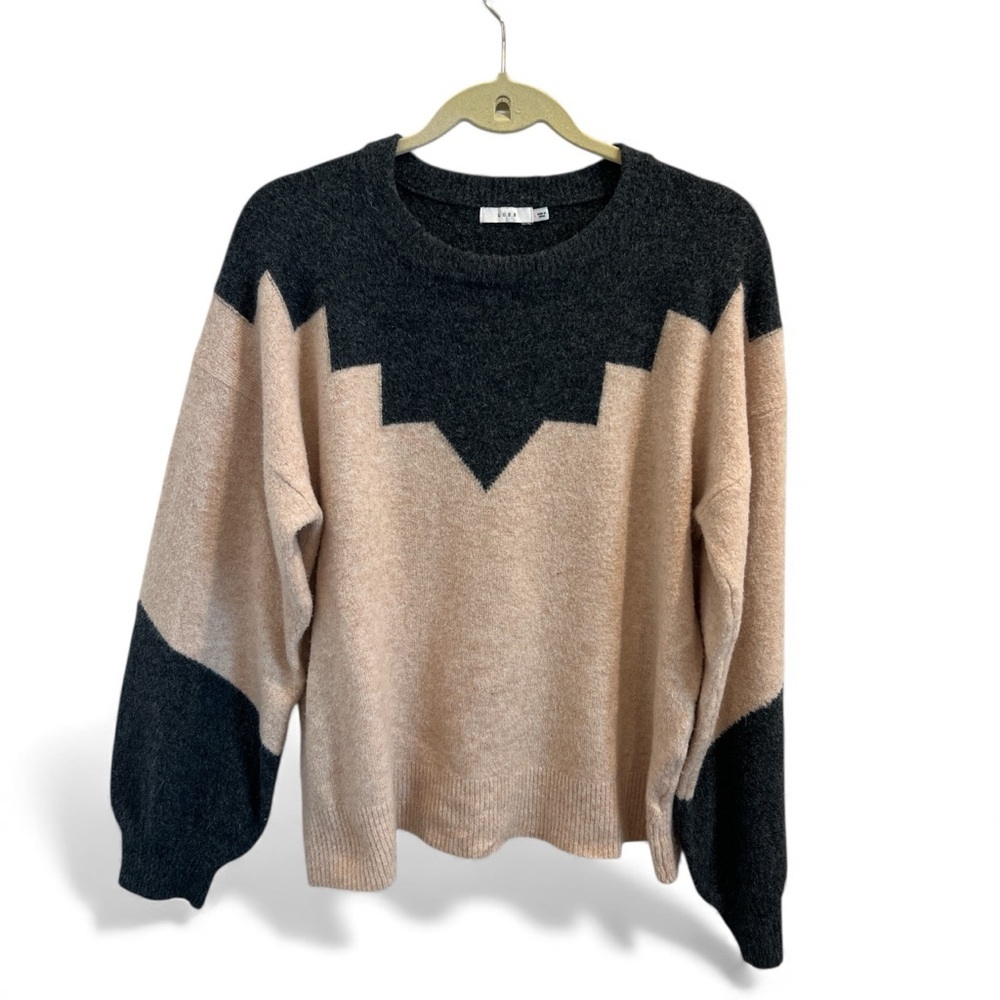 Lush Sand Charcoal Geometric Colorblock Sweater Women’s Large Soft Knit Pullover